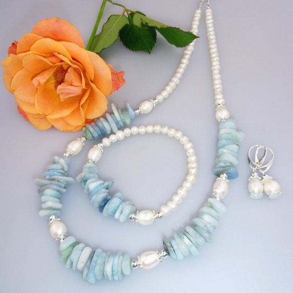 akvamarín, perly, striebro súprava image